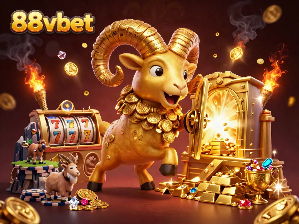 Engage with the thrilling atmosphere of 88vbet's online casino world featuring a golden ram charging through a treasure vault.