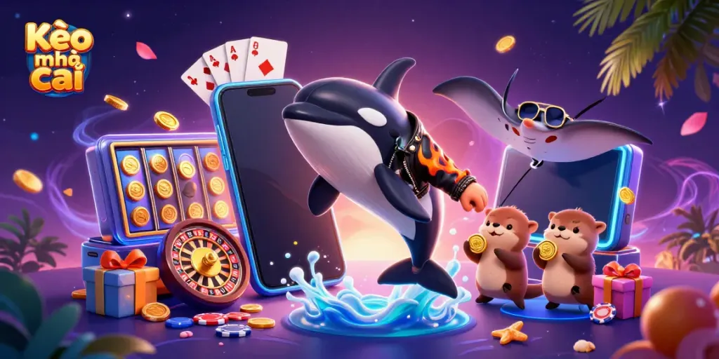 Kèo nhà cái showcases an orca whale and otters surrounded by vibrant gambling elements, emphasizing sports betting excitement.