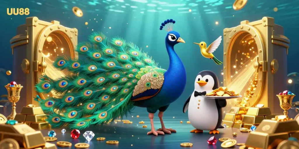 Win at UU88 with a vibrant casino scene showcasing a peacock and friends immersed in treasures.