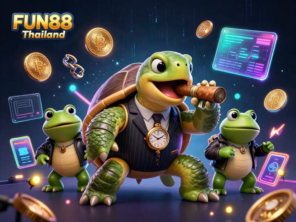 Experience the exciting FUN88 Thailand with a 3D snapping turtle and bullfrogs amidst glowing casino elements.