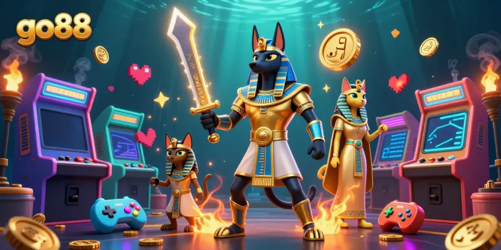 Experience thrilling wins at go88 with an ancient Egyptian warrior and glowing gaming elements.