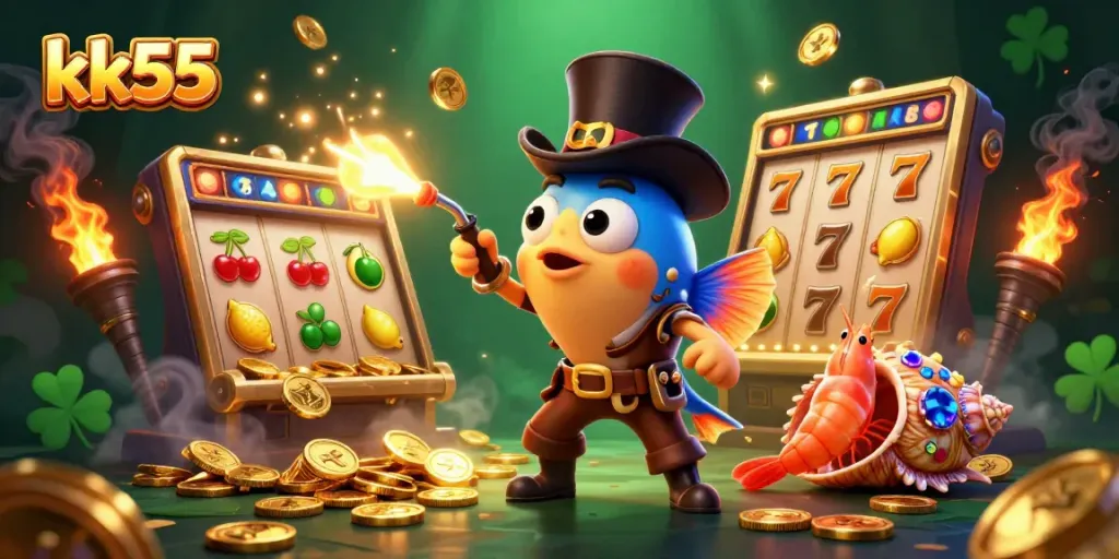 Engage with kk55's thrilling slot experience featuring animated golden coins and vibrant characters.