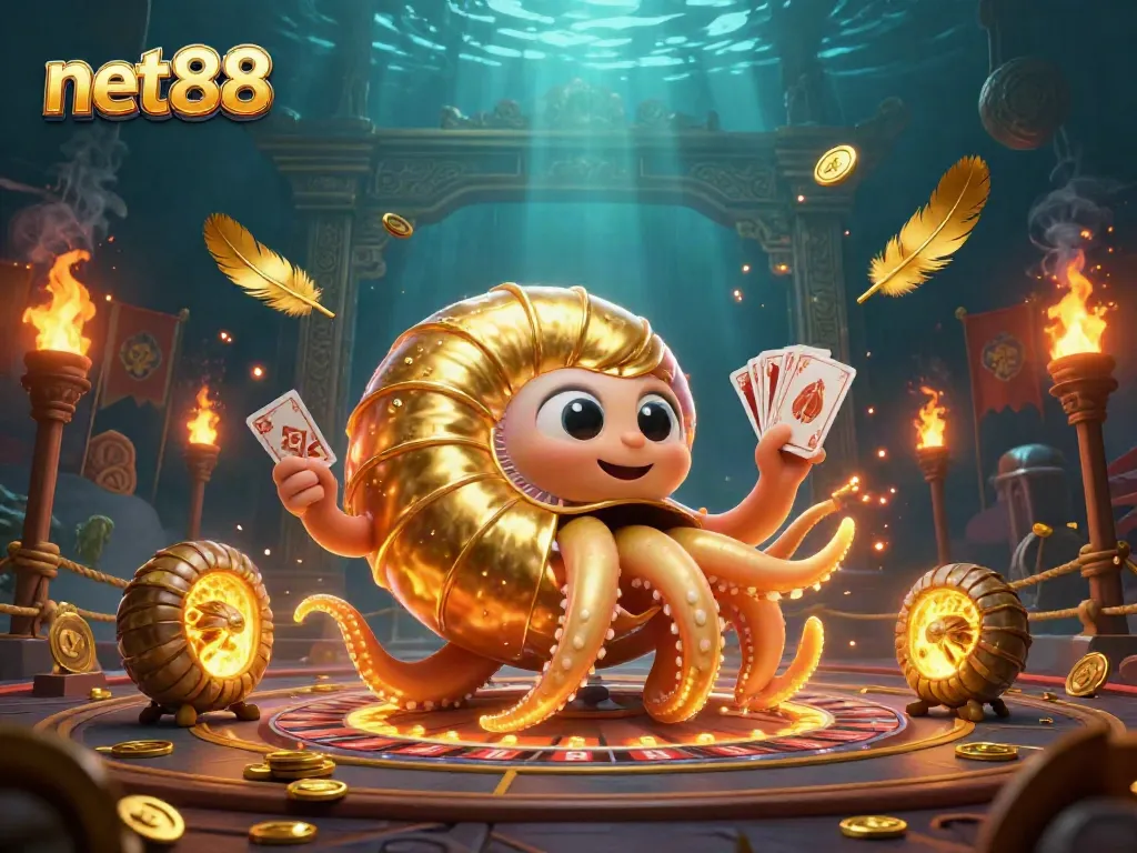 Engage in thrilling gameplay at net88 with a dazzling illustration of a nautilus roulette wheel and glowing ammonite companions.