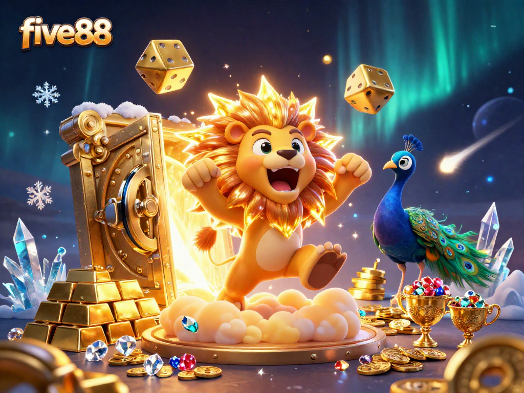 Experience the thrill of five88 with a vibrant 3D casino scene filled with winning treasures.