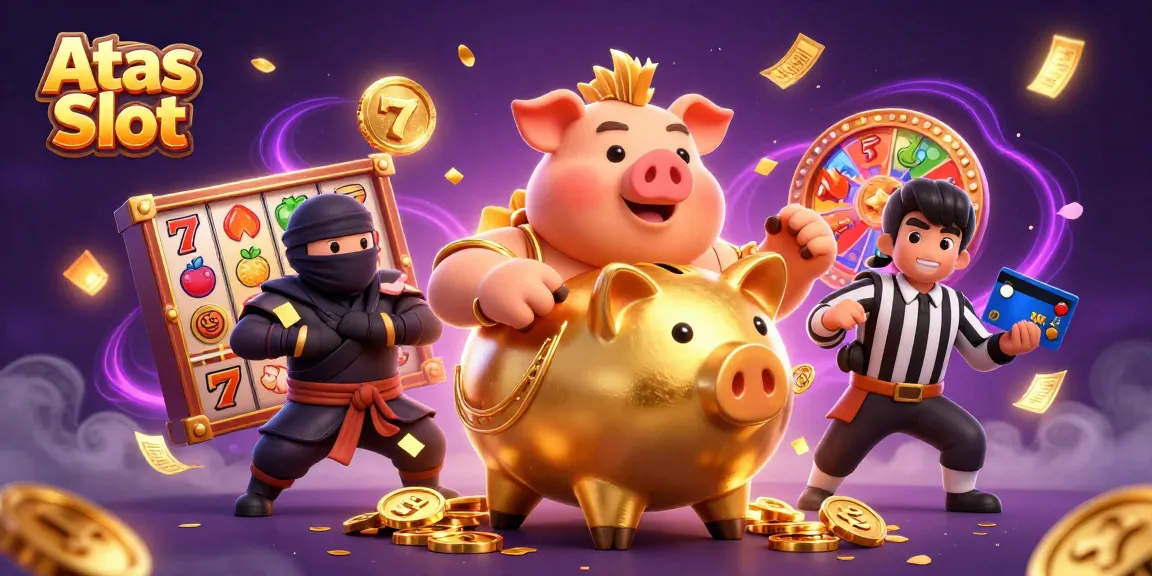 Play the exciting Atas Slot with the golden piggy bank and dynamic casino elements in action.