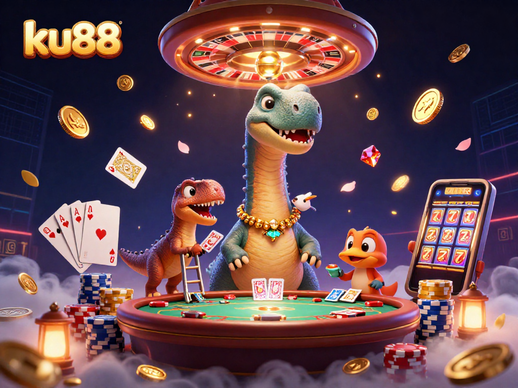 Experience exciting casino action with ku88 in an elaborate scene featuring a dinosaur and dynamic gaming elements.