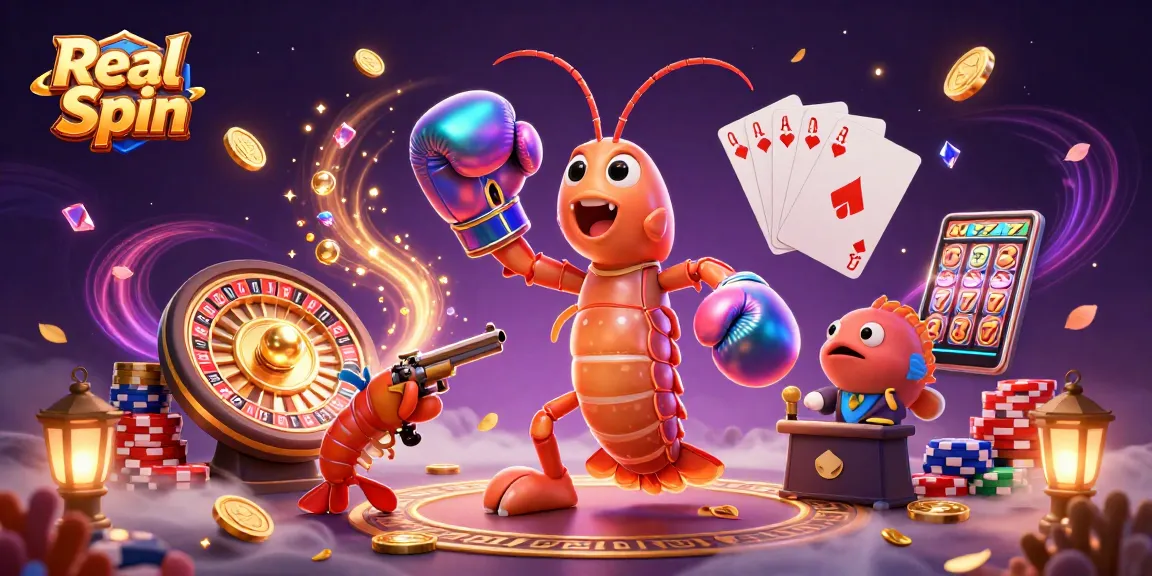 Explore Real Spin Casino with vibrant cartoon characters and dazzling game elements in a dynamic casino scene.