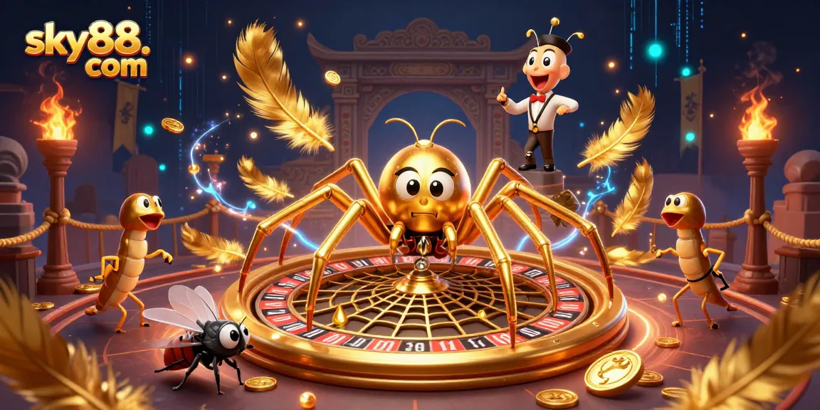 Place bets at sky88. com with a golden spider amidst vibrant gaming elements in a dynamic casino scene.
