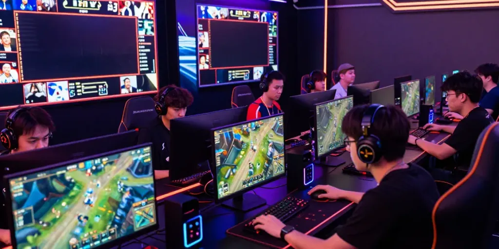 Players at the ku88 esports tournament engaging with vibrant gaming setups.