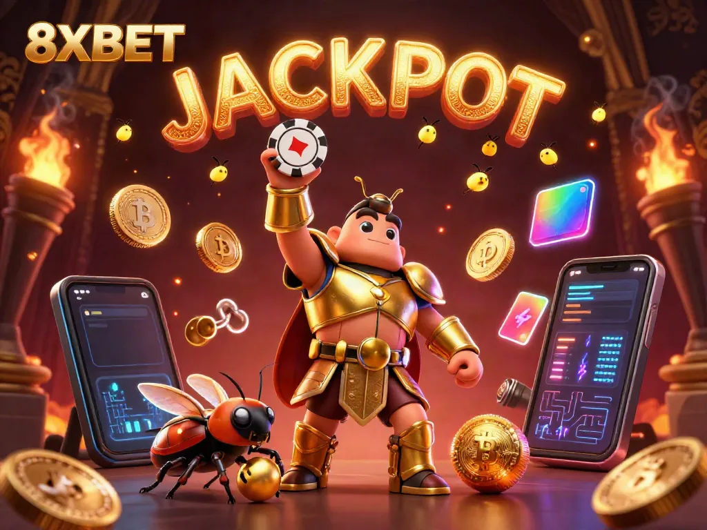 8XBET showcasing a vibrant online casino atmosphere with cartoon characters and interactive elements.
