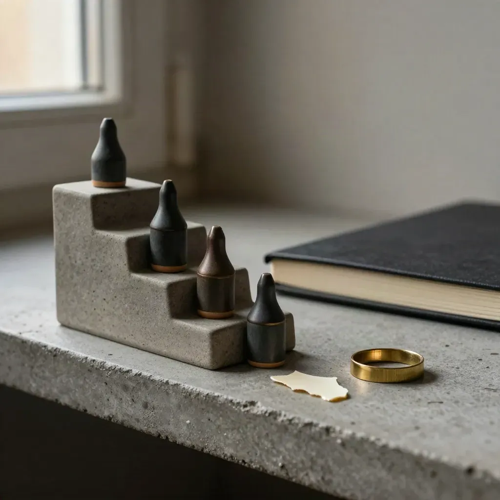 Ceramische markers en een notitieboek op een betonnen plank met messing ring in warm licht