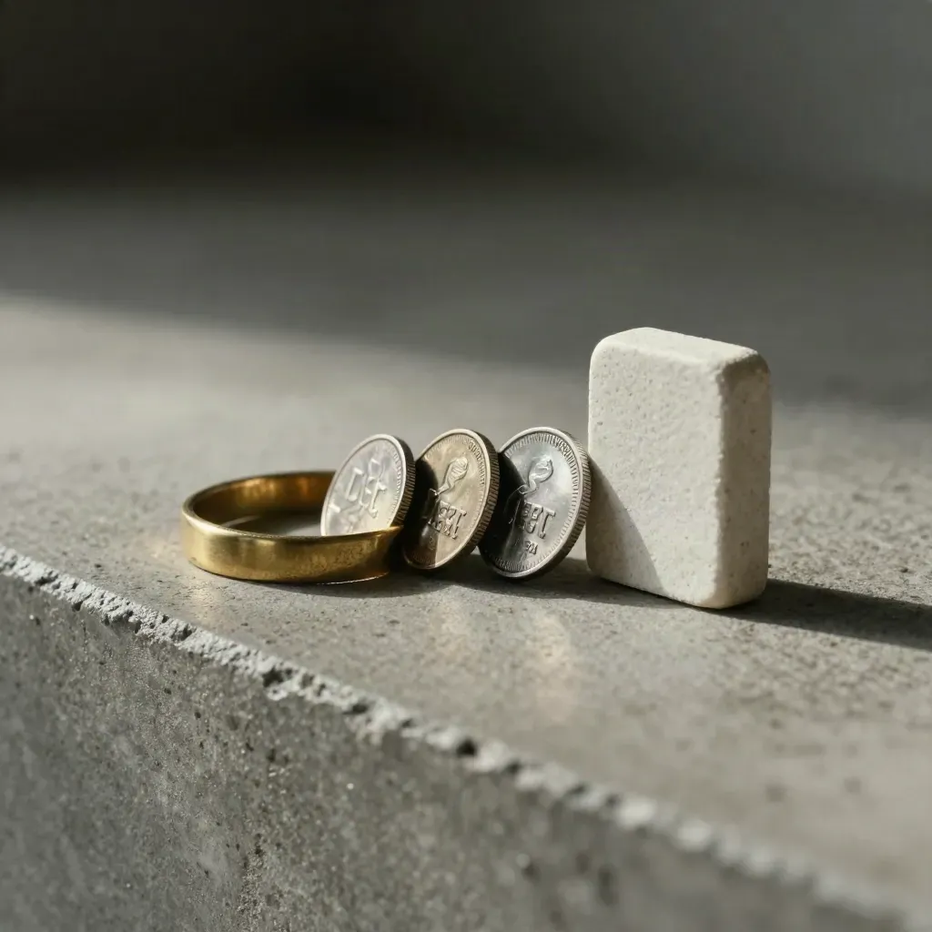 Drie betaalmarkeringen lopen samen in een brass ring naast een stenen marker op beton.
