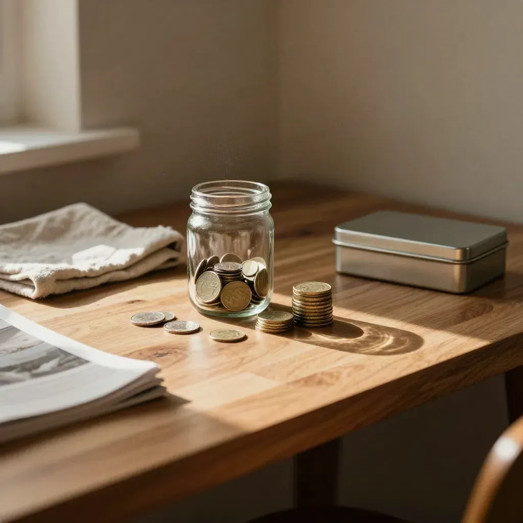 Rustige freelancerwerkplek met spaarpot, munten en leeg werkblad na herfinanciering.