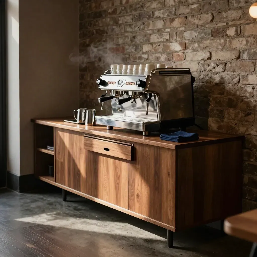 Rustige restaurantbar met espressoapparaat, kassa en meer ruimte na schuldconsolidatie.