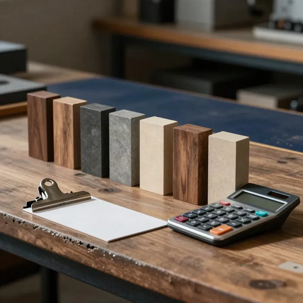 Industriële sampleblokken, rekenmachine en metalen klem op een werkbank in dramatisch licht.