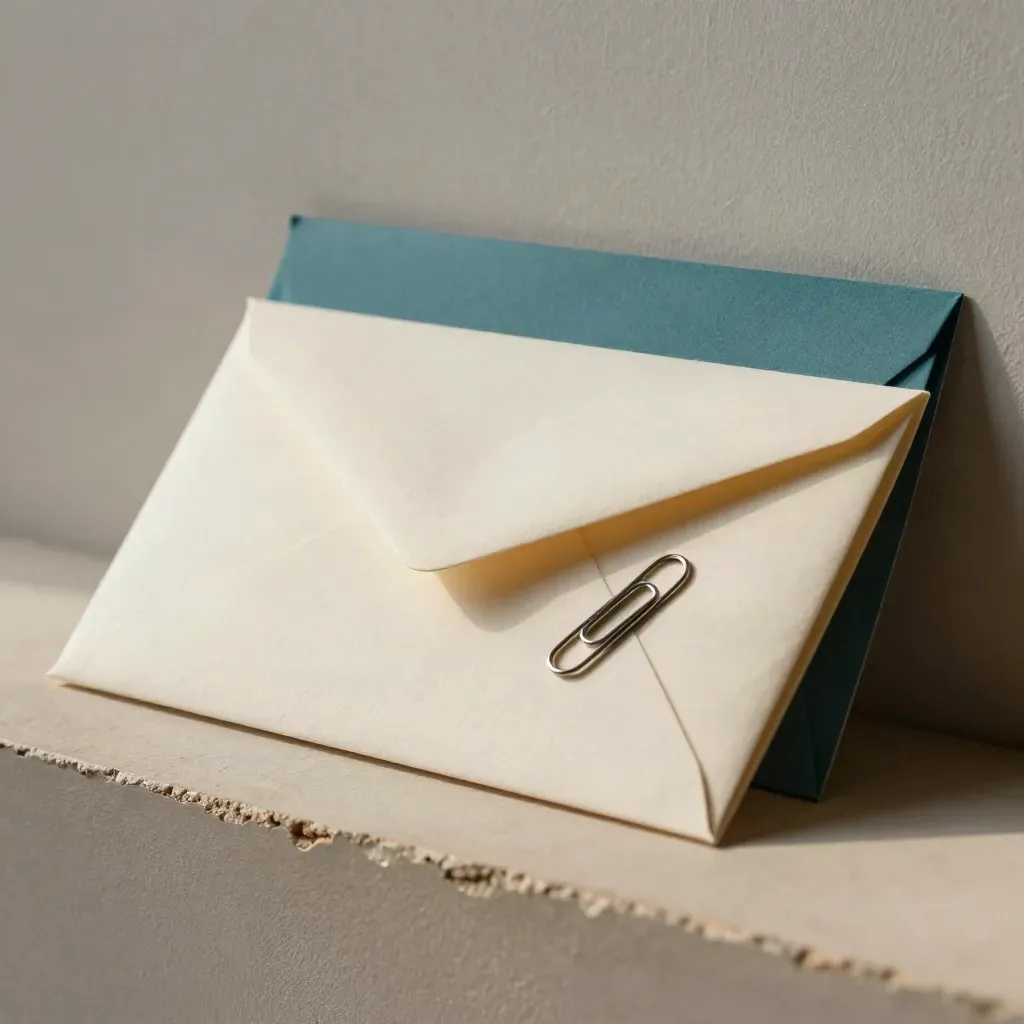Gesealde enveloppen, paperclips en een teal map op warme pleister, van dichtbij gefotografeerd.
