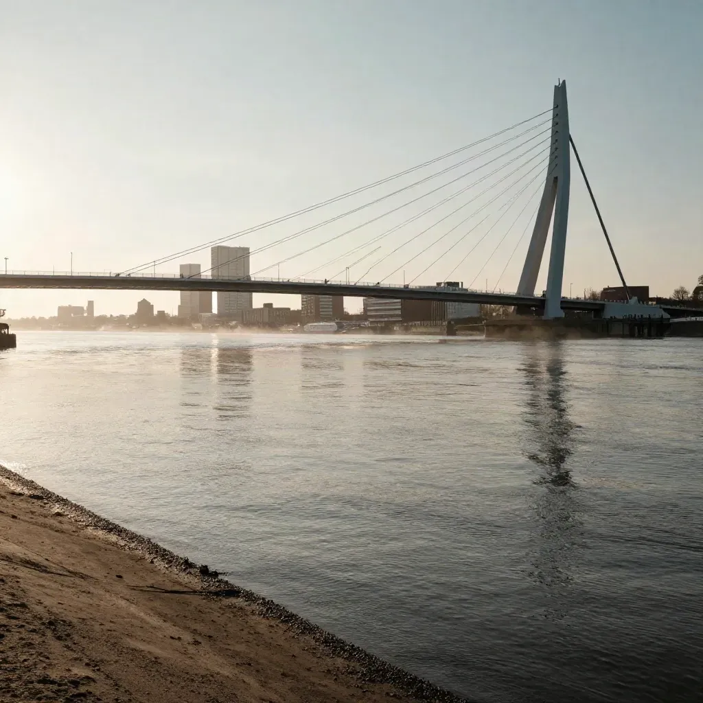 Erasmusbrug boven de mistige Maas bij zonsopkomst, met rustige ruimte voor tekst.