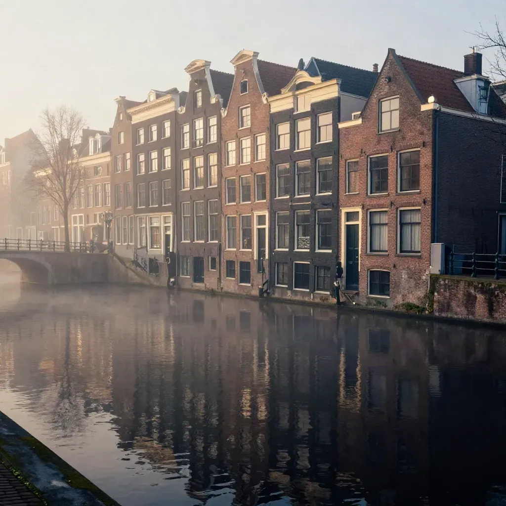 Mistige Amsterdamse grachten met brug en gevels boven een stille blauwe waterstrook.