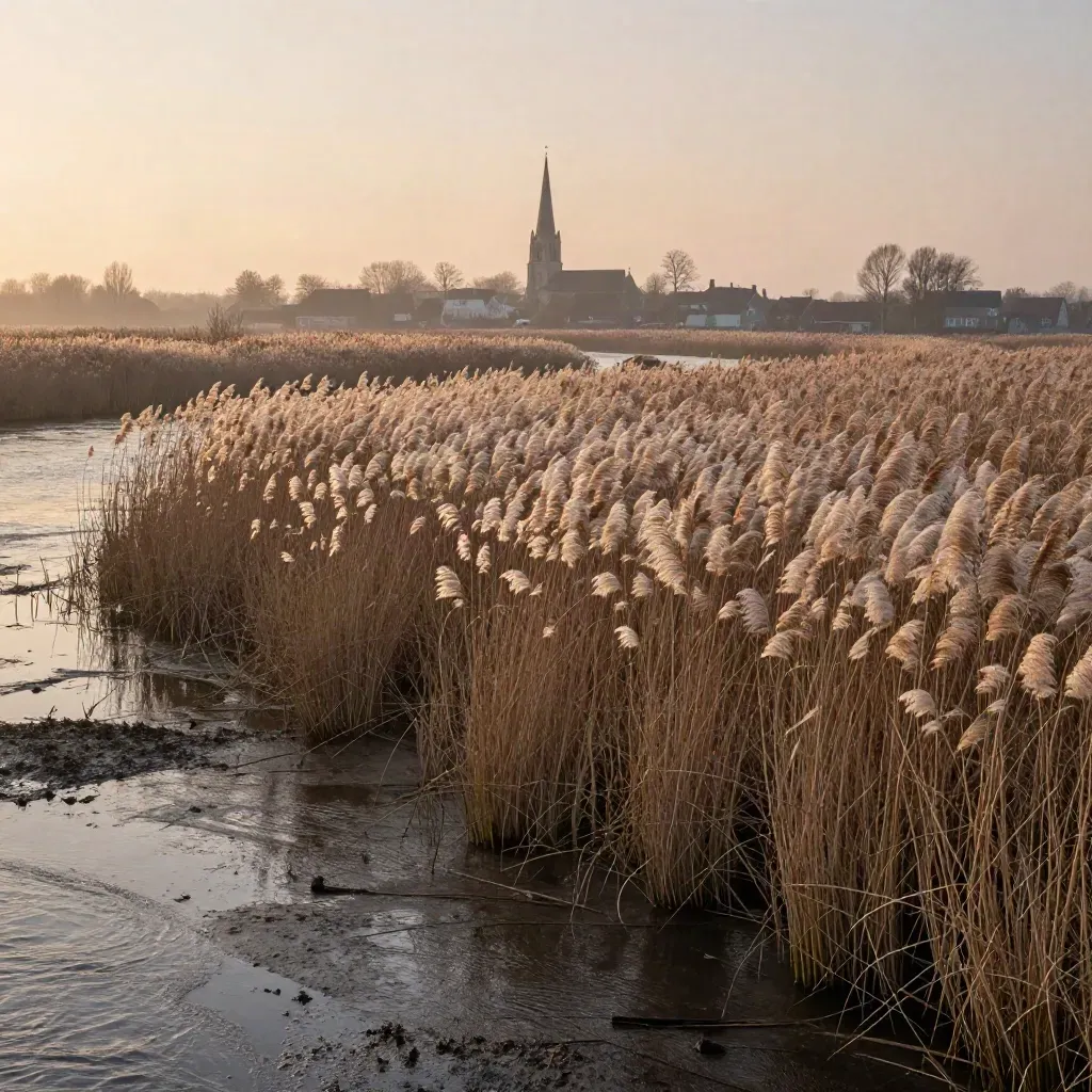 Brabants rivieroeverlandschap met riet, kerktoren en dorpshuizen in mistig peachlicht.