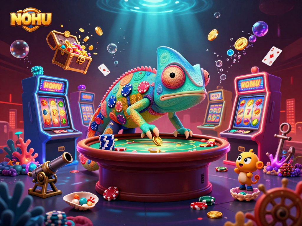 Experience thrilling NOHU casino excitement with a vibrant scene featuring a chameleon character and dynamic slots.