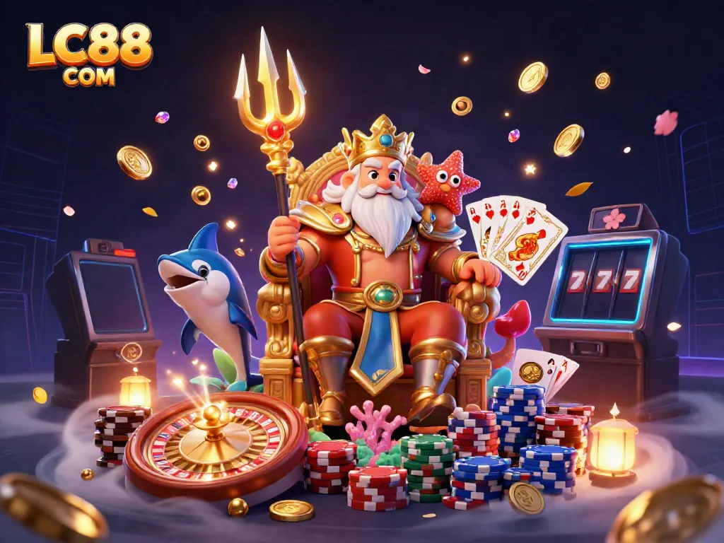 Experience the thrill of gaming at LC88 COM with a vibrant scene depicting Neptune, treasure, and casino elements.
