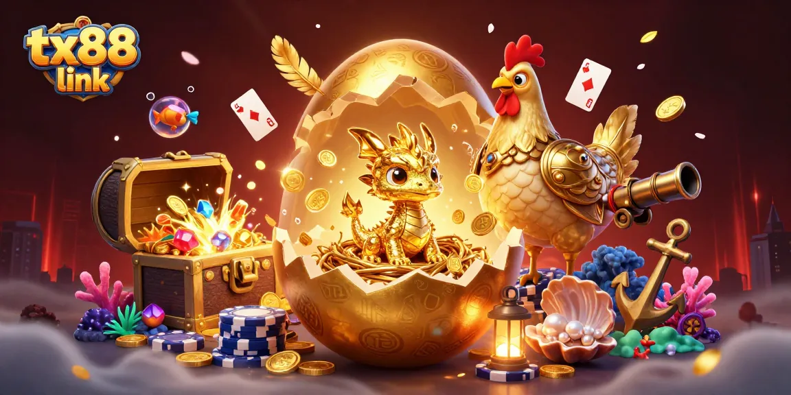 Experience the excitement with tx88 link as a golden dragon guards poker chips amidst treasures and casino elements.