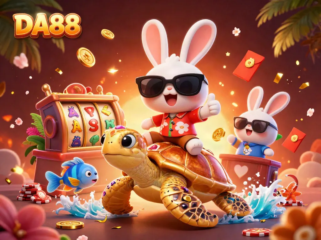 Celebrate DA88 casino wins with a lively 3D illustration featuring a lucky rabbit and golden turtle.