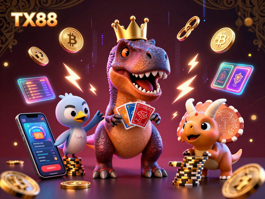 TX88 brings casino fun as a T-Rex shuffles cards amid crypto coins and vibrant gaming decor.