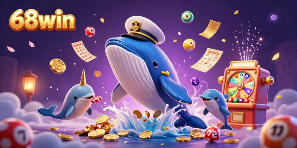 Experience thrilling gameplay with 68win's vibrant 3D casino illustration featuring a fantastic whale and engaging elements.
