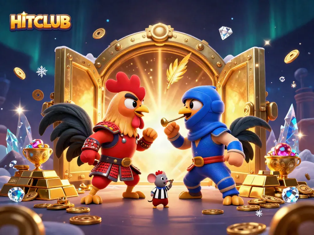Experience the excitement of HITCLUB with dynamic roosters, gold treasures, and casino elements!