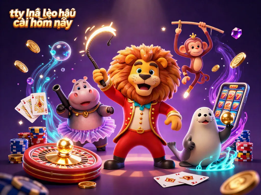 Engaging scene of tỷ lệ kèo nhà cái hôm nay represented by a circus theme with vibrant characters and casino elements.