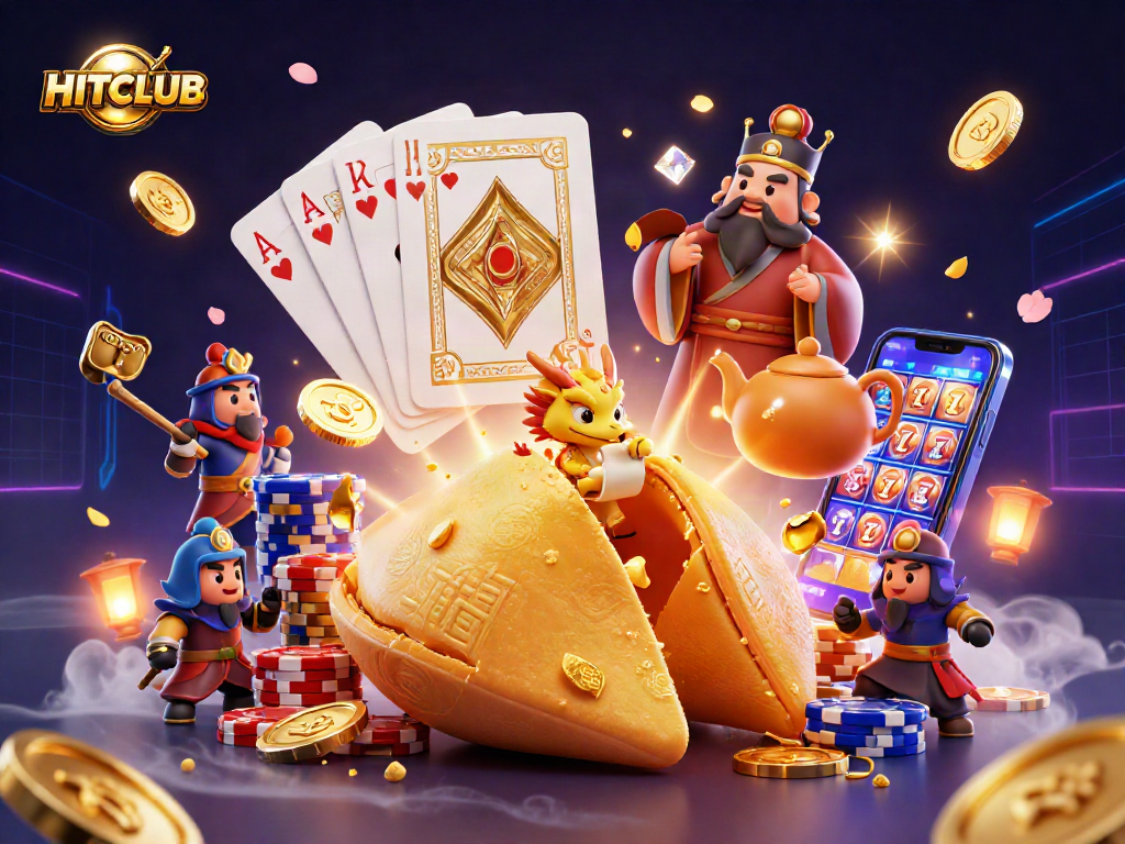 Experience luck at HITCLUB with vibrant casino symbols and dynamic games in 3D illustration.