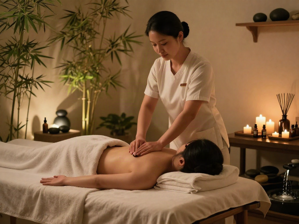 Indulge in an 인천출장마사지 experience, featuring a therapist at work in a serene spa setting, surrounded by calming elements.