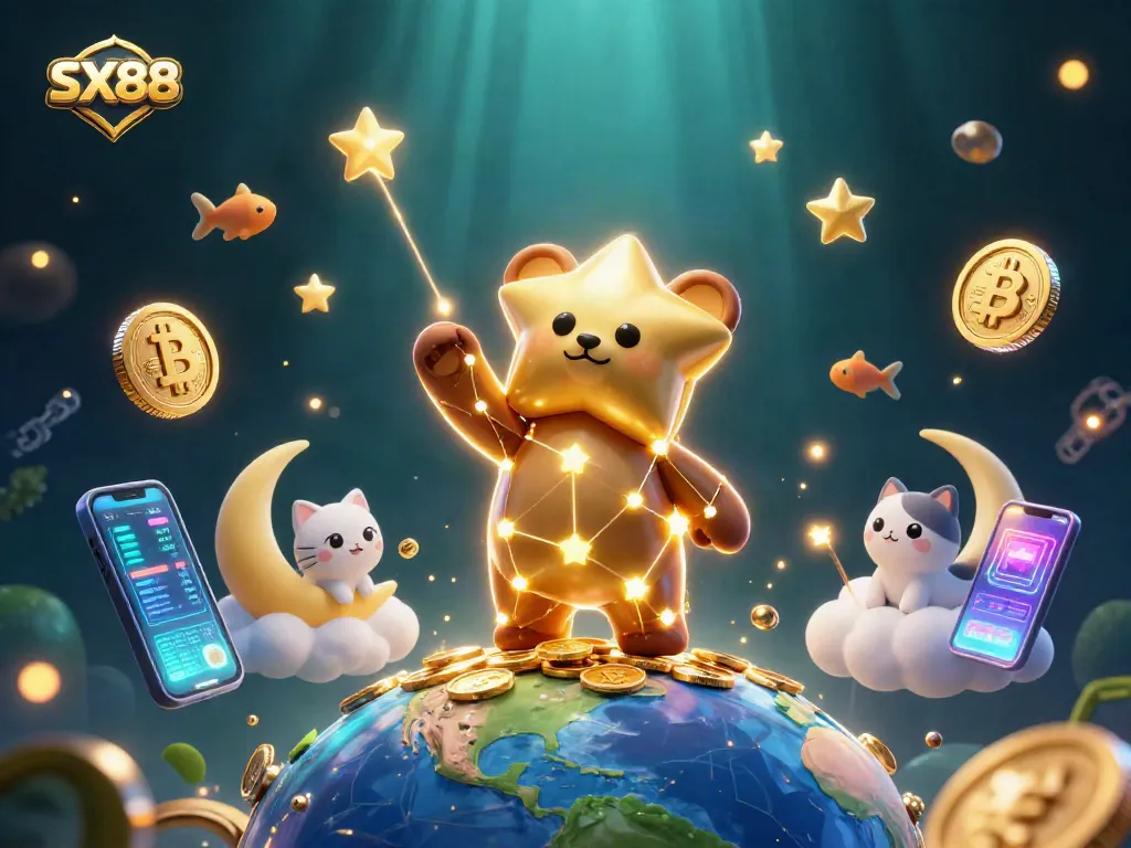 SX88 casino illustration with a constellation bear and digital currency coins for immersive gaming