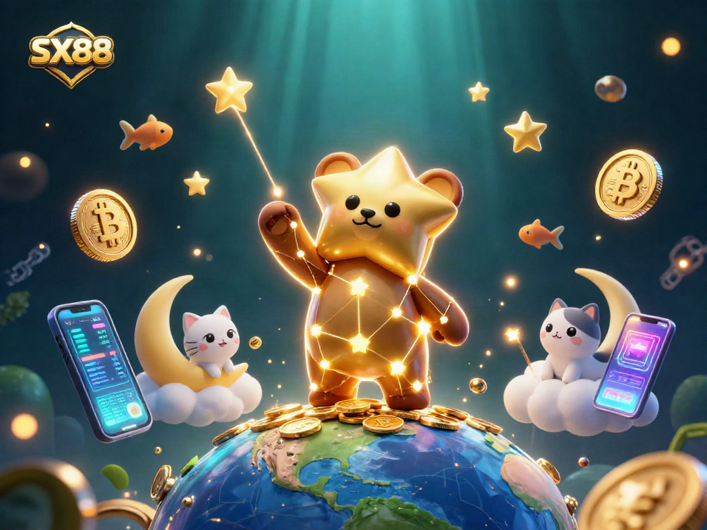 SX88 casino illustration with a constellation bear and digital currency coins for immersive gaming