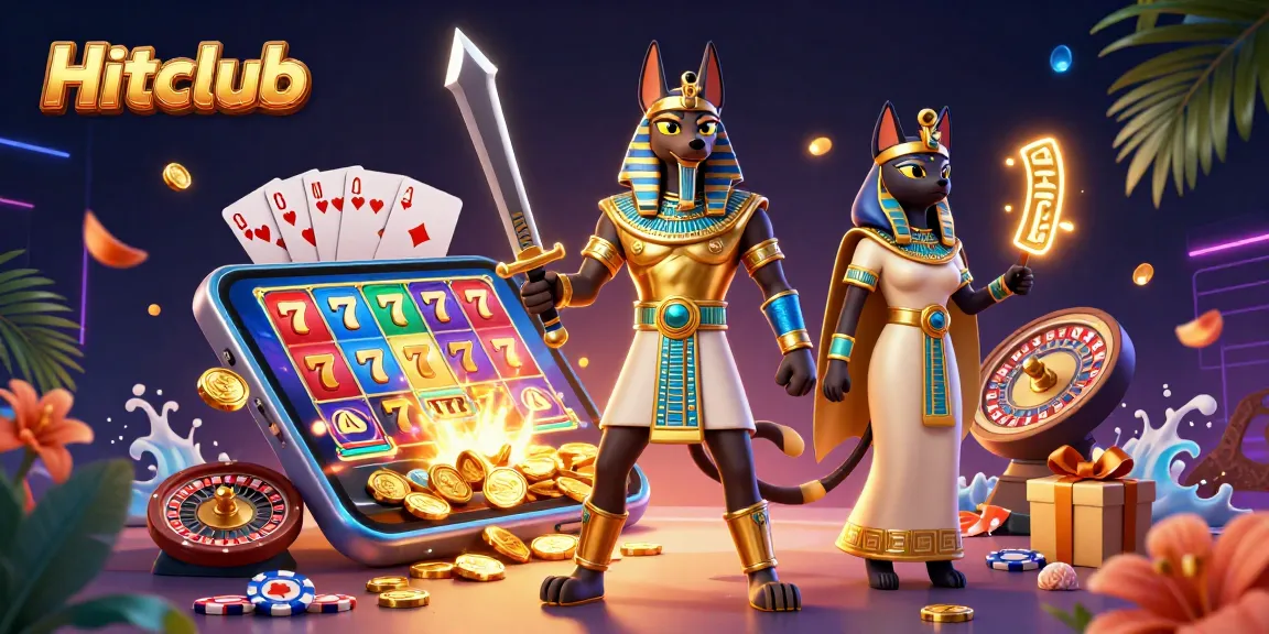 Hitclub features an engaging scene with Anubis, Bastet, and casino game elements for an exciting visual.