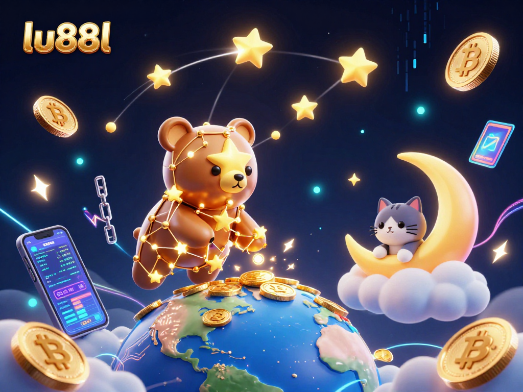 Experience thrilling gaming with lu88l in this dynamic 3D casino illustration featuring vibrant cryptocurrency elements.