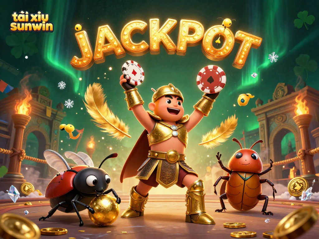 Win big with tài xỉu sunwin as the heroic beetle celebrates amidst coins and jackpot fireworks!