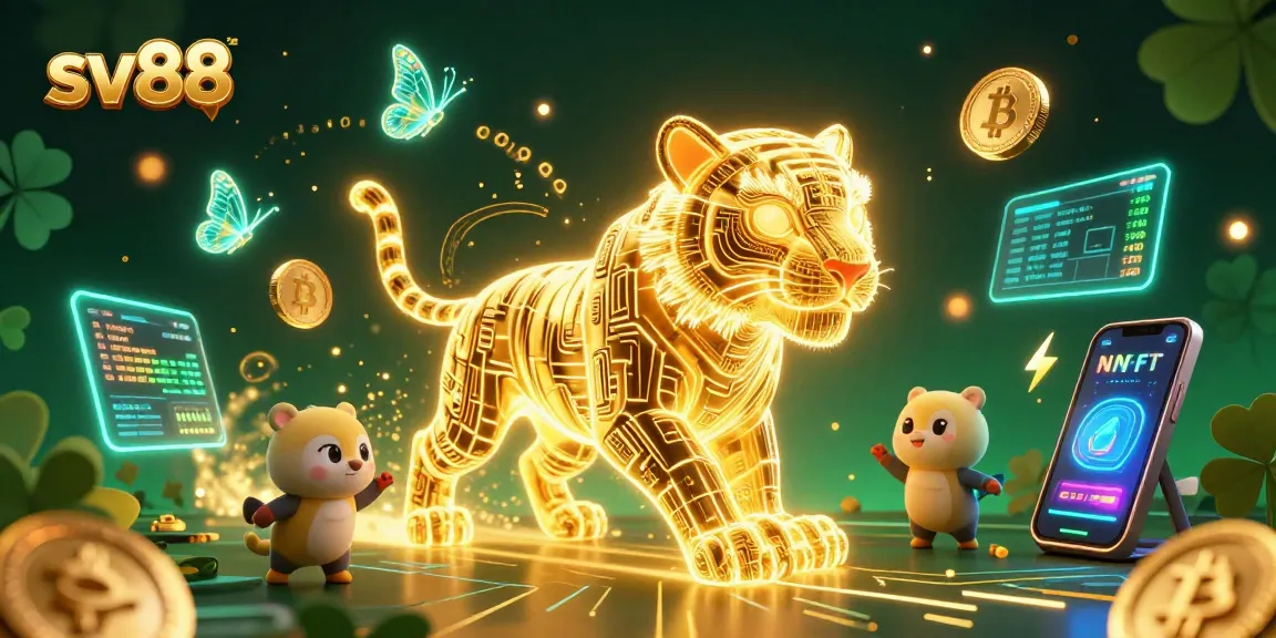 Experience excitement at sv88 with a neon-wireframe golden tiger highlighting vibrant gambling elements.