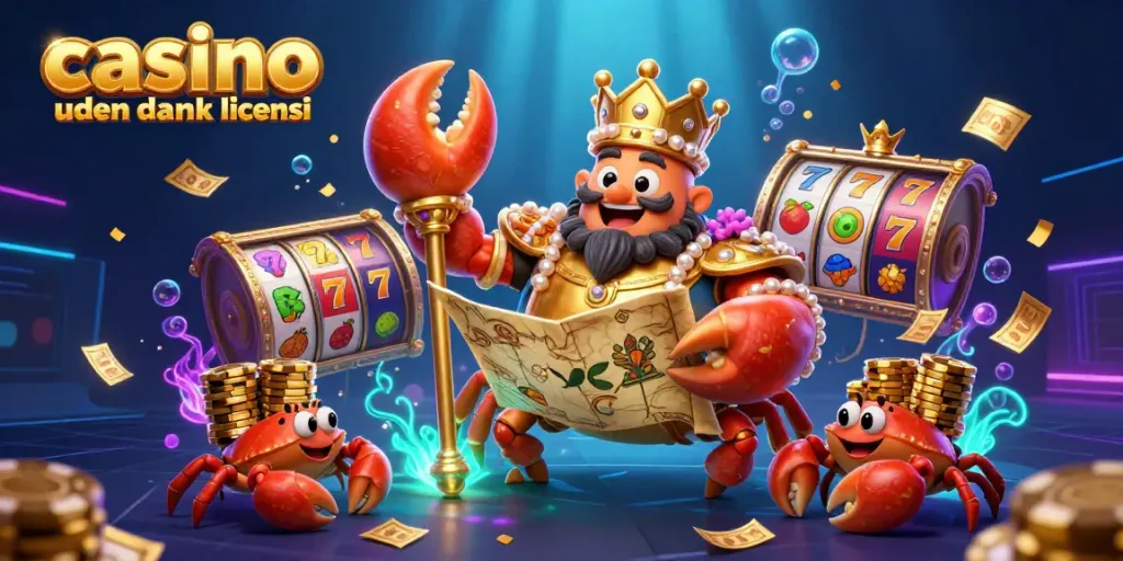 Experience thrilling moments at casino uden dansk licens with a vibrant scene of a golden crab emperor amidst exciting slot machines.
