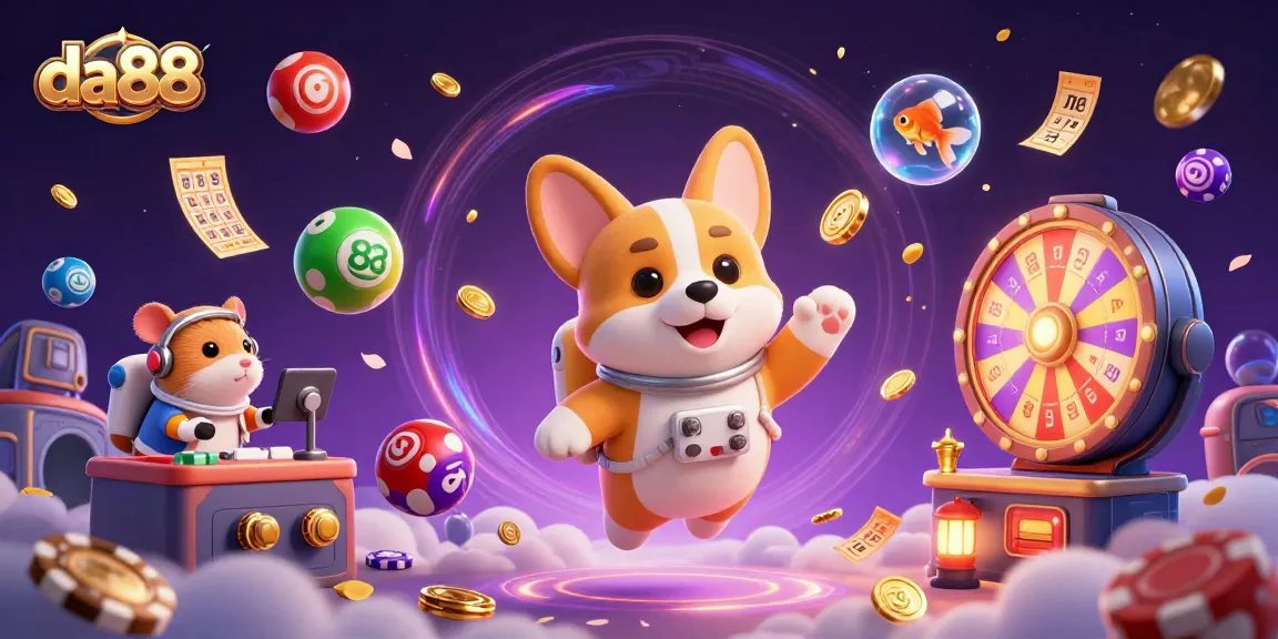 da88 brings excitement to space with a floating corgi and vibrant lottery games in a cosmic casino.