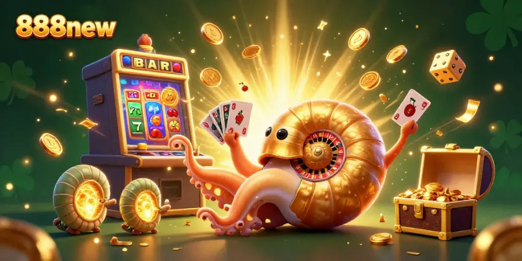Experience exciting gaming with 888new's dynamic casino illustration featuring jackpots and vibrant gameplay.