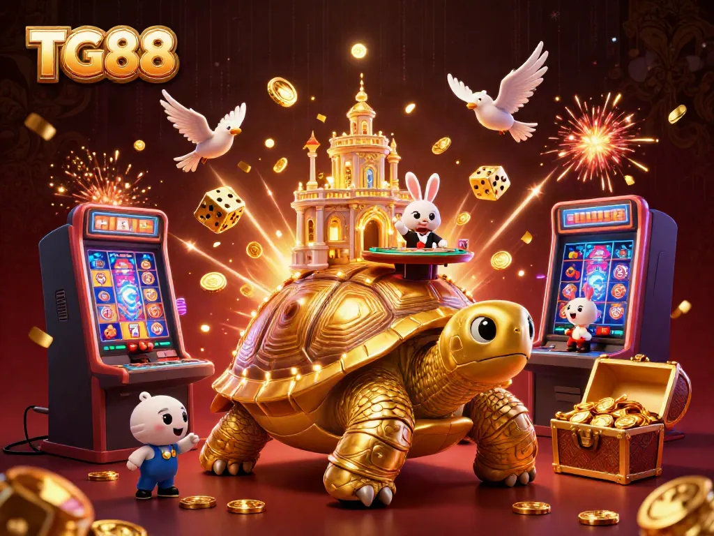 Experience the colorful world of TG88 with a vibrant casino scene featuring a golden tortoise and a rabbit dealer.