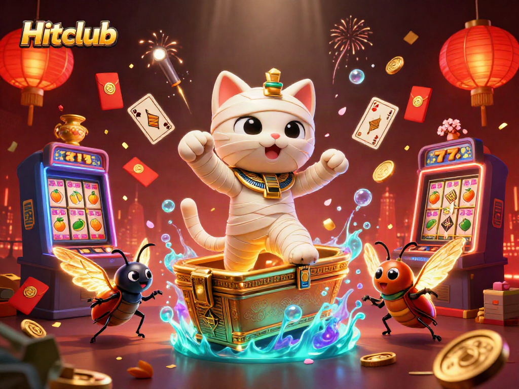 Hitclub's dynamic casino scene featuring a cartoon mummy cat and thrilling gaming elements.