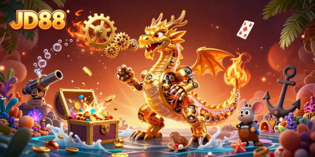 Experience thrilling gameplay at JD88's vibrant casino with a dragon and treasure.