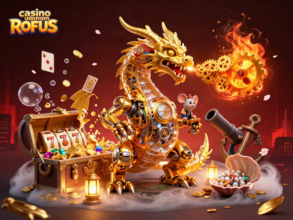 Engage with casino uden om ROFUS featuring a golden dragon, slot reels, and treasure elements.