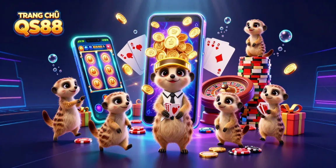 Experience the excitement of TRANG CHỦ QS88 with playful meerkats in a vibrant casino scene.