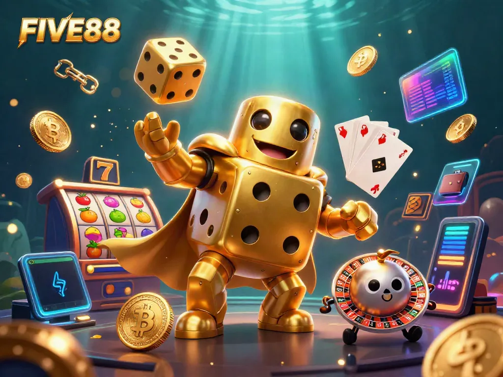 Engage with FIVE88’s vibrant gaming world featuring golden dice, slot reels, and crypto elements.