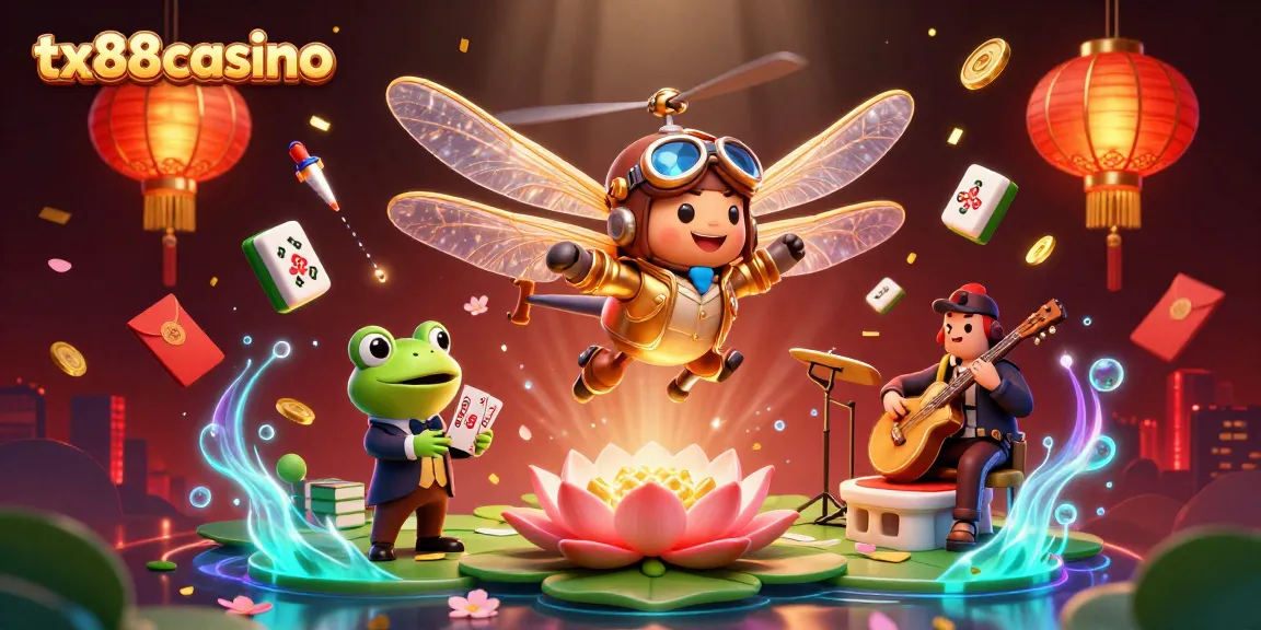 Engage with tx88casino’s vibrant 3D casino scene featuring dragonfly pilot and card-dealing frog