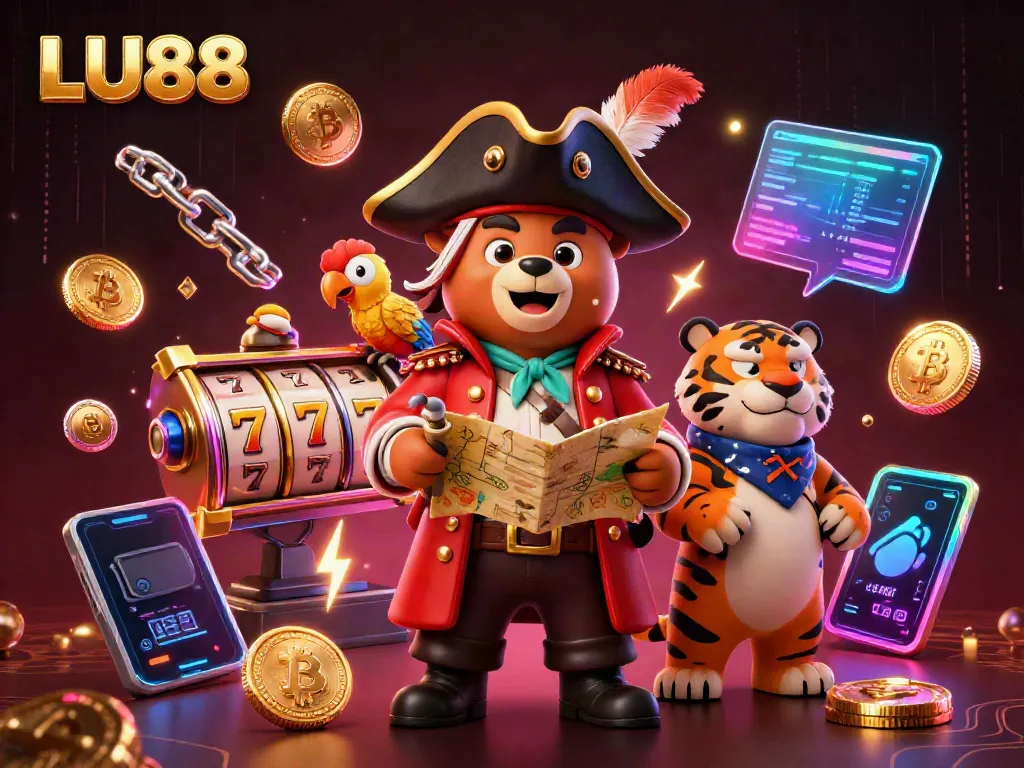 LU88 casino scene featuring a pirate bear and tiger amidst slot reels and crypto elements.